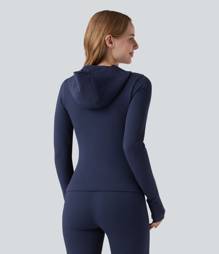 OneForm Seamless Flow Waffle Hooded Long Sleeve Thumb Hole Zipper Yoga Jacket with Pockets
