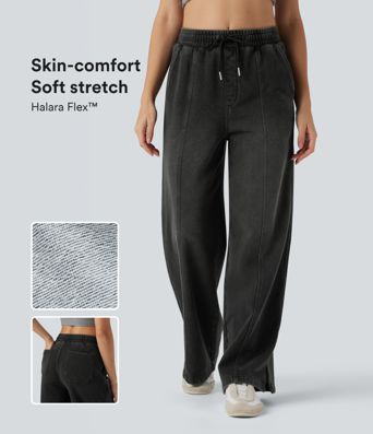 Halara Flex™ - Lässige French-Terry-Denimjoggers mit hohem Bund, Seitentaschen, Kordelzug, Schlitz und geradem Bein