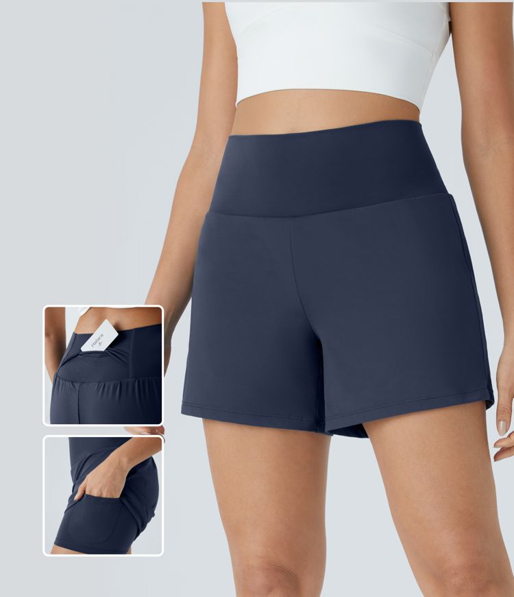 Super High Waisted Back Pocket & Side Hidden Pocket 2-in-1 Yoga Shorts 5''-Longer Length