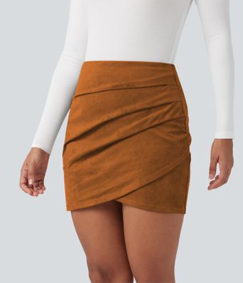 High Waisted Ruched Crossover Hem Bodycon Mini Suede Casual Skirt