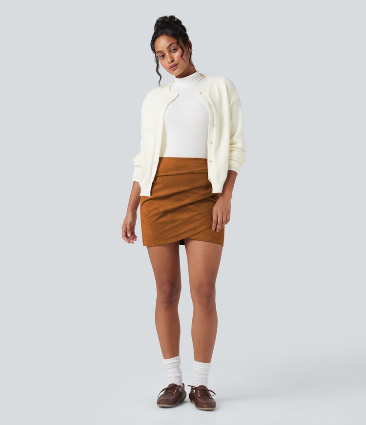 High Waisted Ruched Crossover Hem Bodycon Mini Suede Casual Skirt