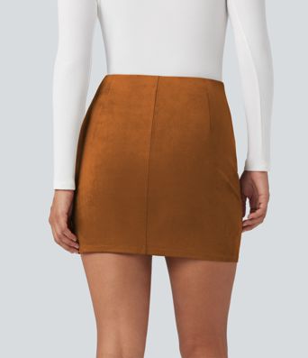 High Waisted Ruched Crossover Hem Bodycon Mini Suede Casual Skirt
