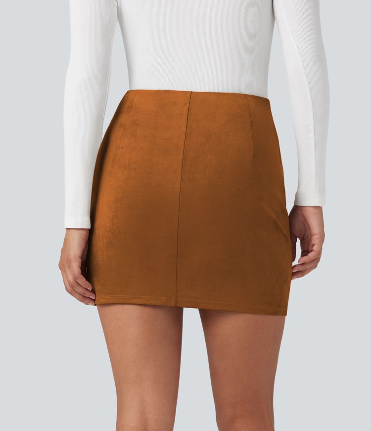High Waisted Ruched Crossover Hem Bodycon Mini Suede Casual Skirt
