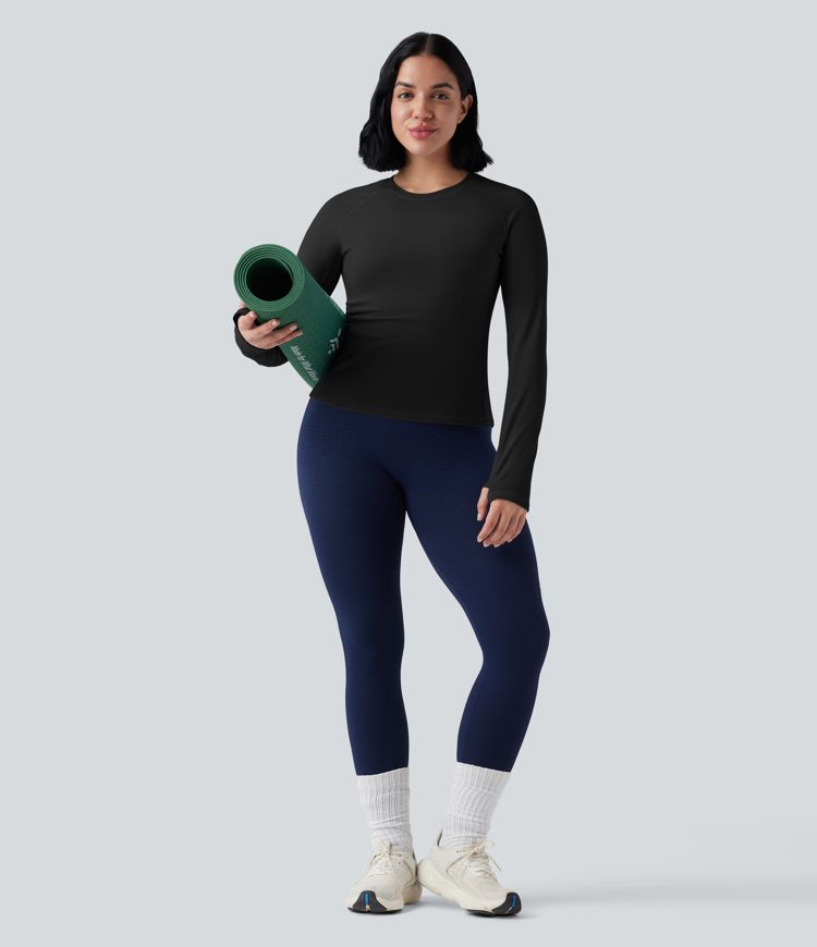 Thermo-Yoga-Sport-Top mit Rundhalsausschnitt, langen Ärmeln und Daumenlöchern Thermo-Yoga-Sport-Top mit Rundhalsausschnitt, langen Ärmeln und Daumenlöchern