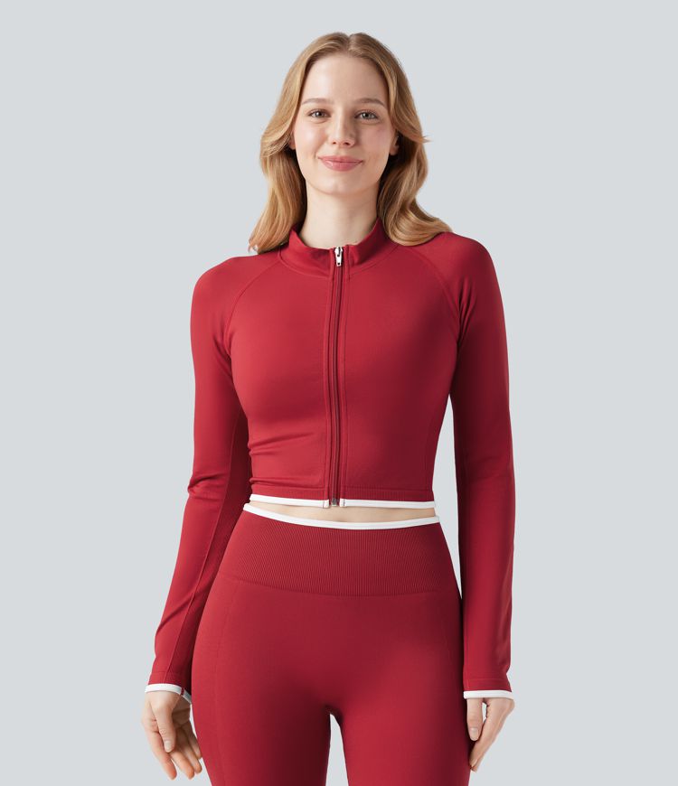 Seamless Flow Stand Collar Color Block Zipper Cropped Yoga Jacket