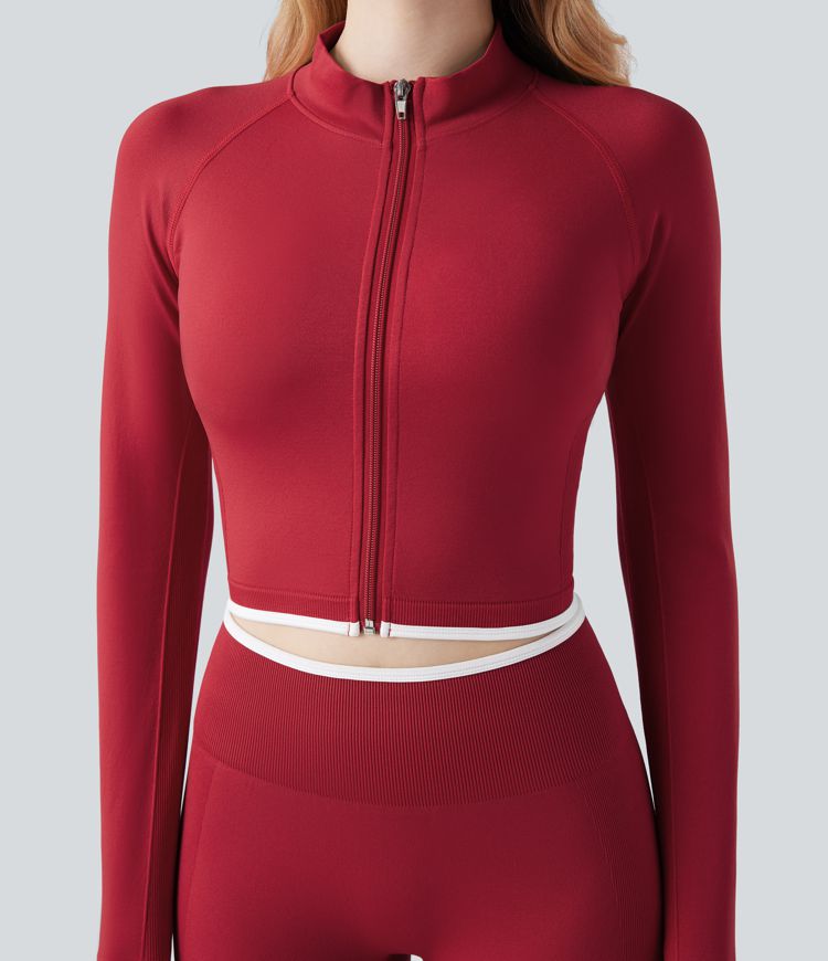 Seamless Flow Stand Collar Color Block Zipper Cropped Yoga Jacket