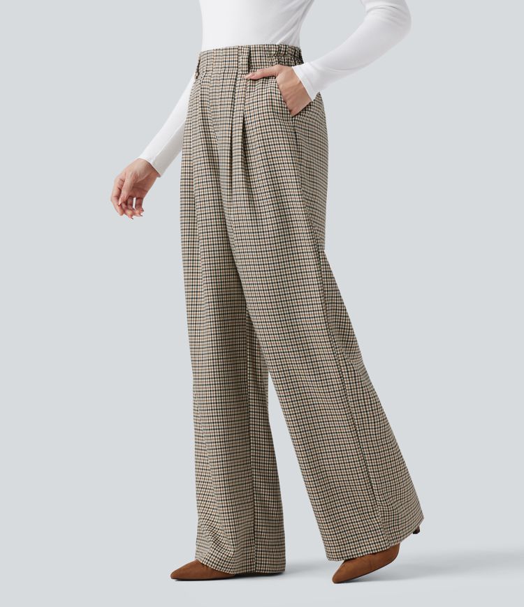 Pantalon tailleur ample taille haute à carreaux avec poches