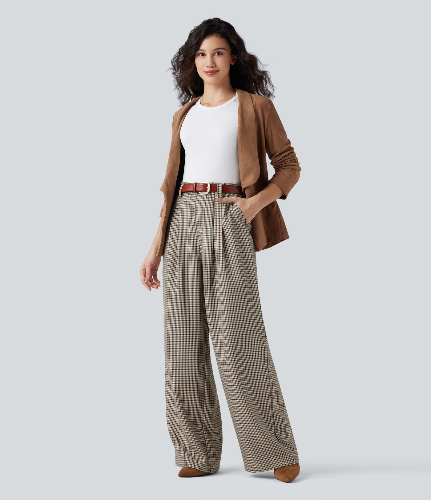 High Waisted Plaid Work Baggy Pants with Pockets
