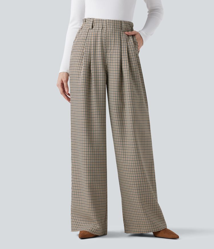 Pantalon tailleur ample taille haute à carreaux avec poches