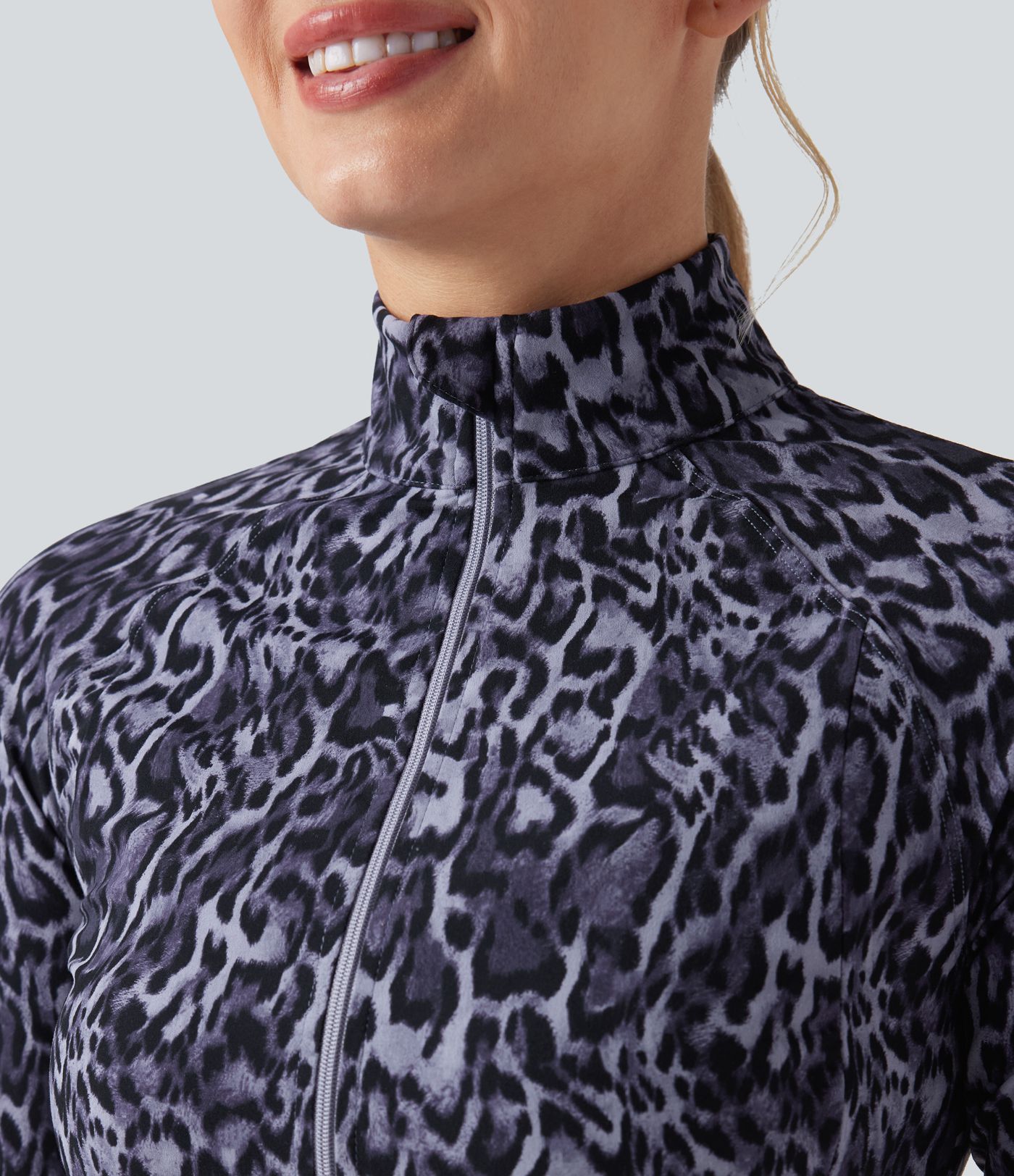 Halara UltraSculpt™ Leopard Print Stand Collar Long Sleeve Thumb Hole Casual Jacket with Pockets