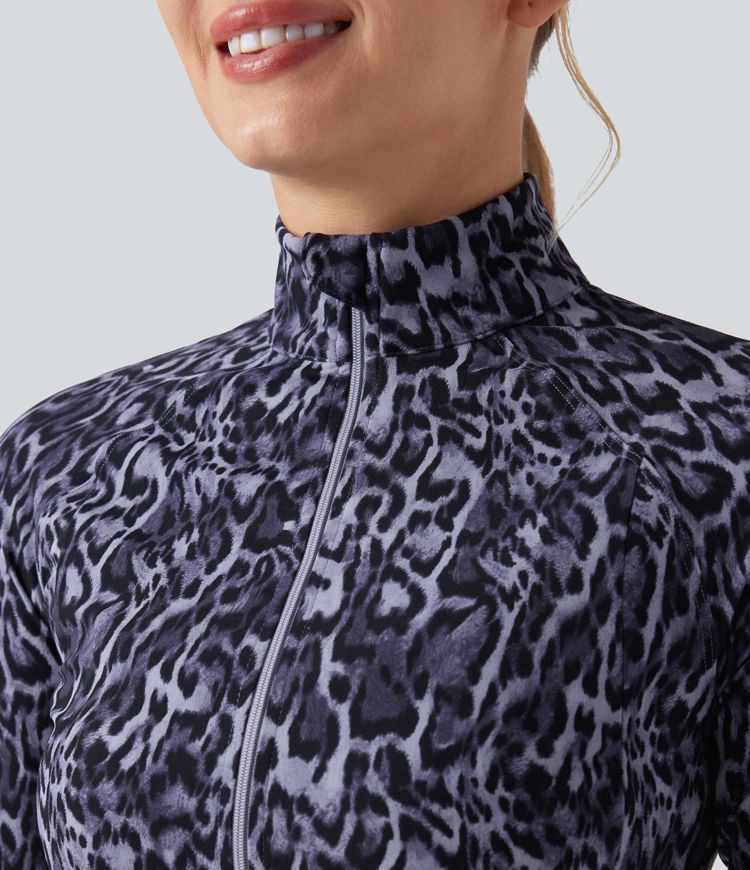 Halara UltraSculpt™ Leopard Print Stand Collar Long Sleeve Thumb Hole Casual Jacket with Pockets