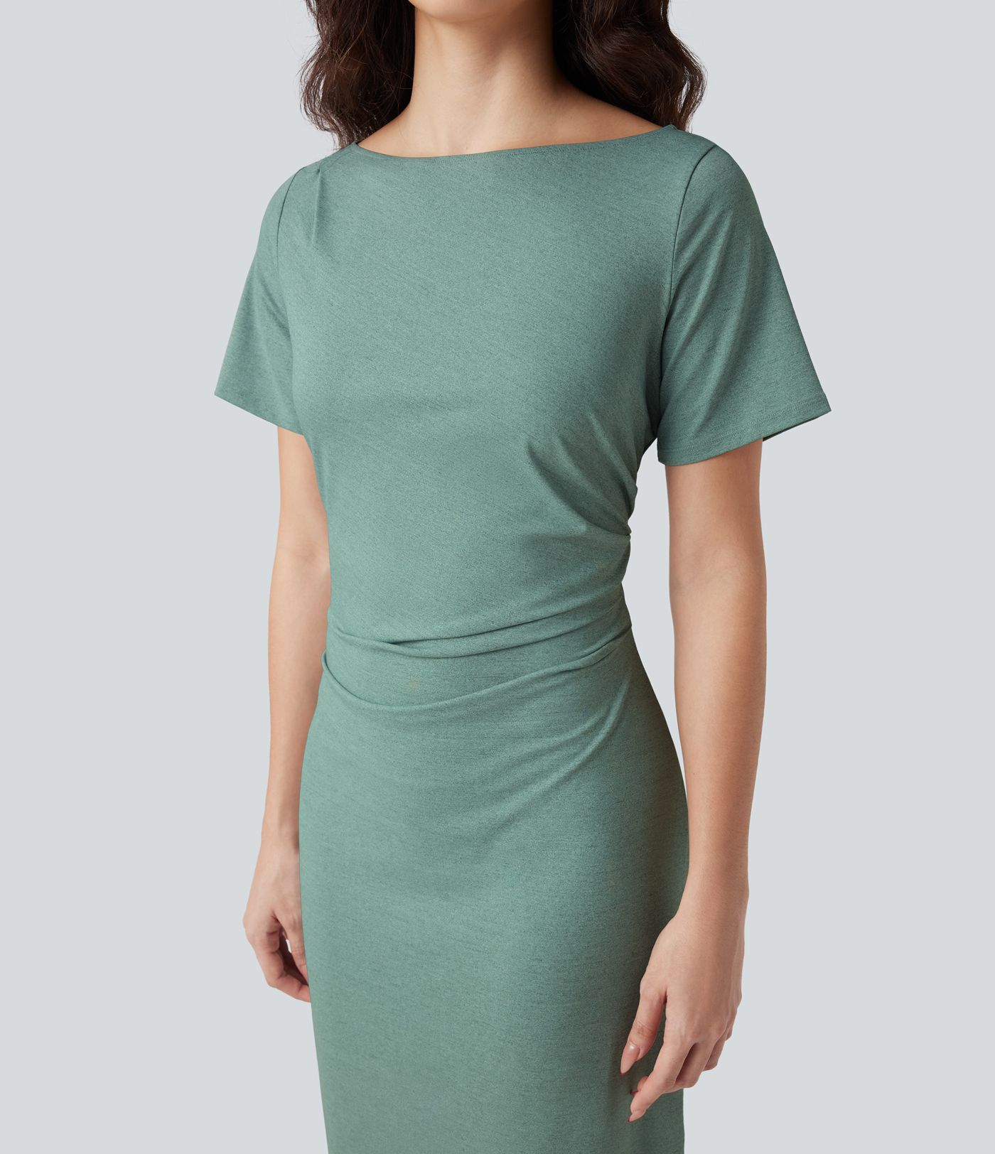 Short Sleeve Ruched Bodycon Midi Work Dress