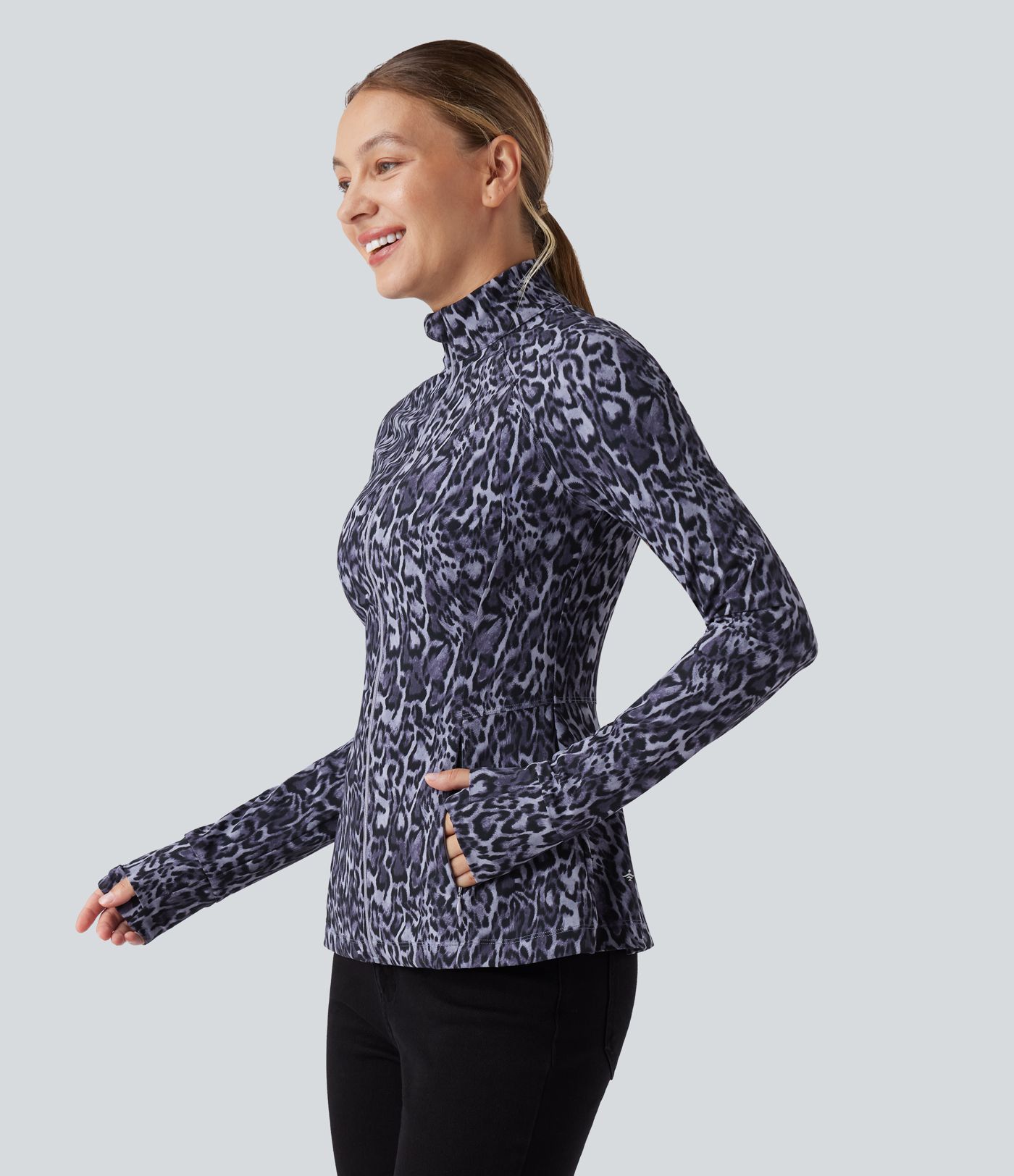 Halara UltraSculpt™ Leopard Print Stand Collar Long Sleeve Thumb Hole Casual Jacket with Pockets