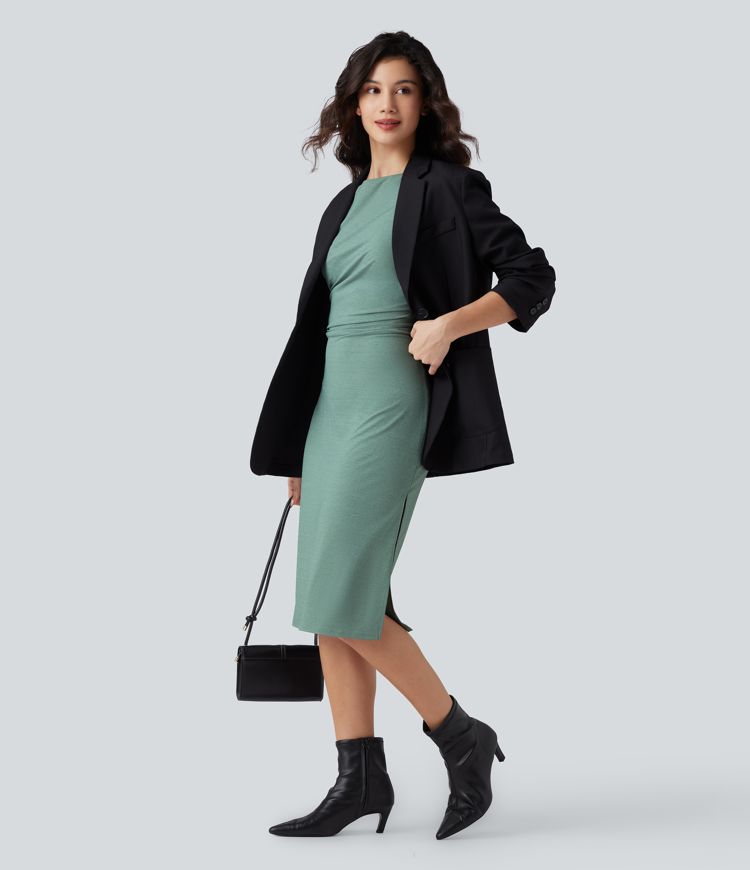 Short Sleeve Ruched Bodycon Midi Work Dress
