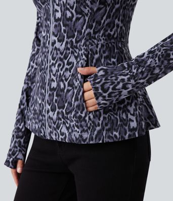 Halara UltraSculpt™ Leopard Print Stand Collar Long Sleeve Thumb Hole Casual Jacket with Pockets