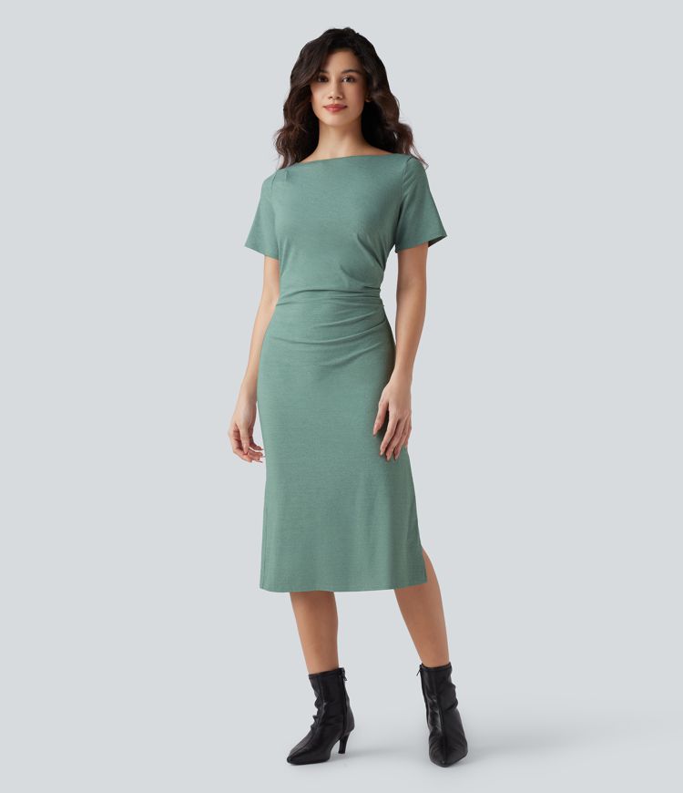 Short Sleeve Ruched Bodycon Midi Work Dress