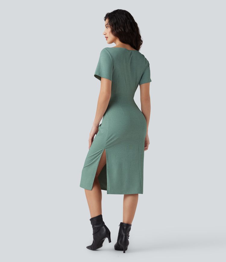 Short Sleeve Ruched Bodycon Midi Work Dress