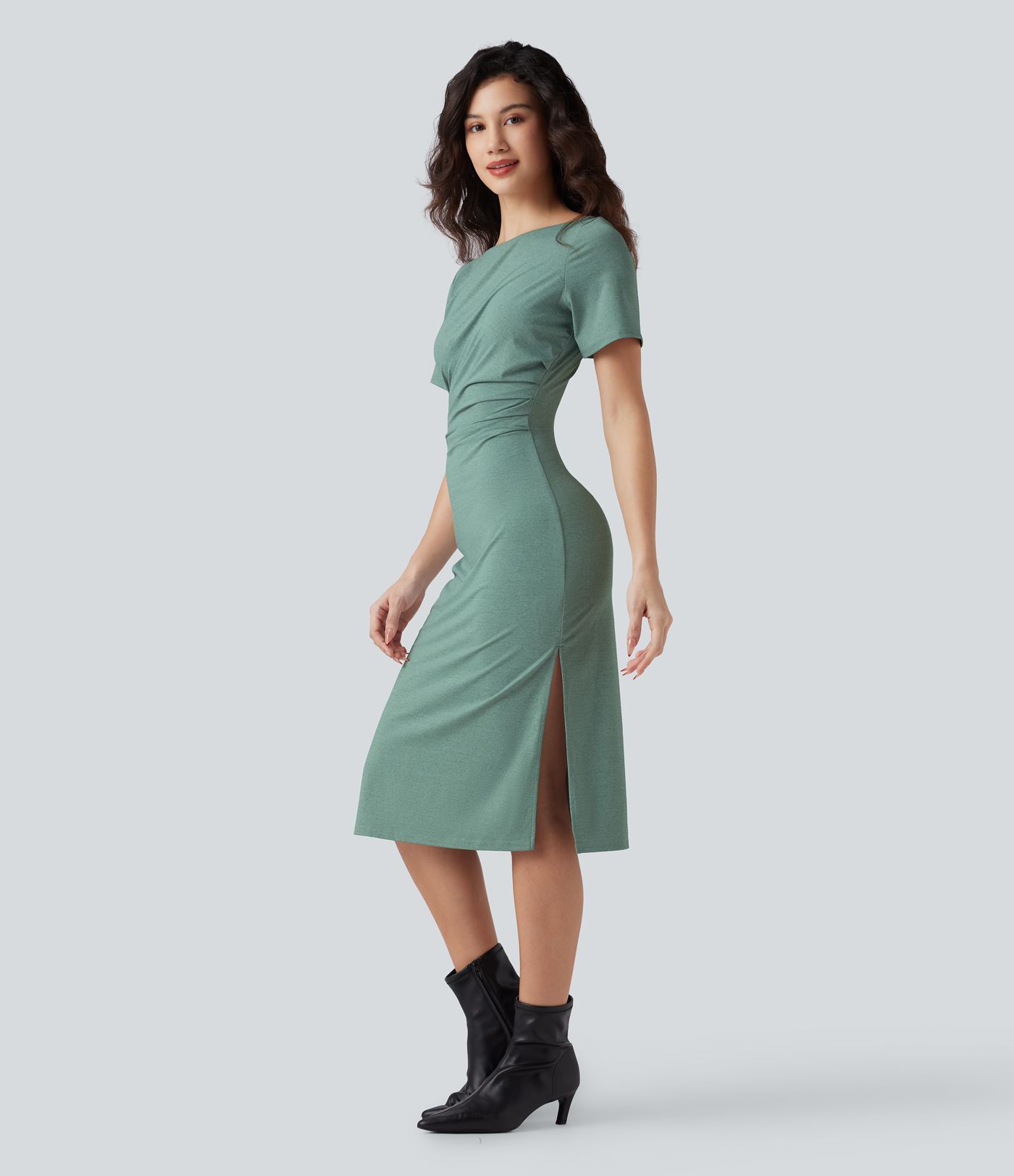 Short Sleeve Ruched Bodycon Midi Work Dress