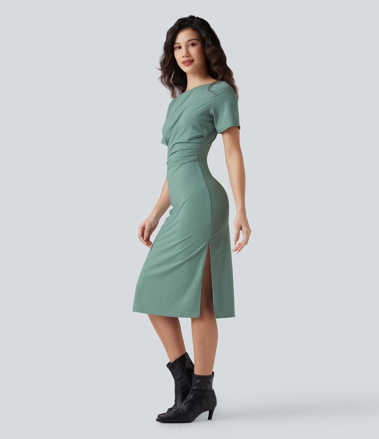 Short Sleeve Ruched Bodycon Midi Work Dress