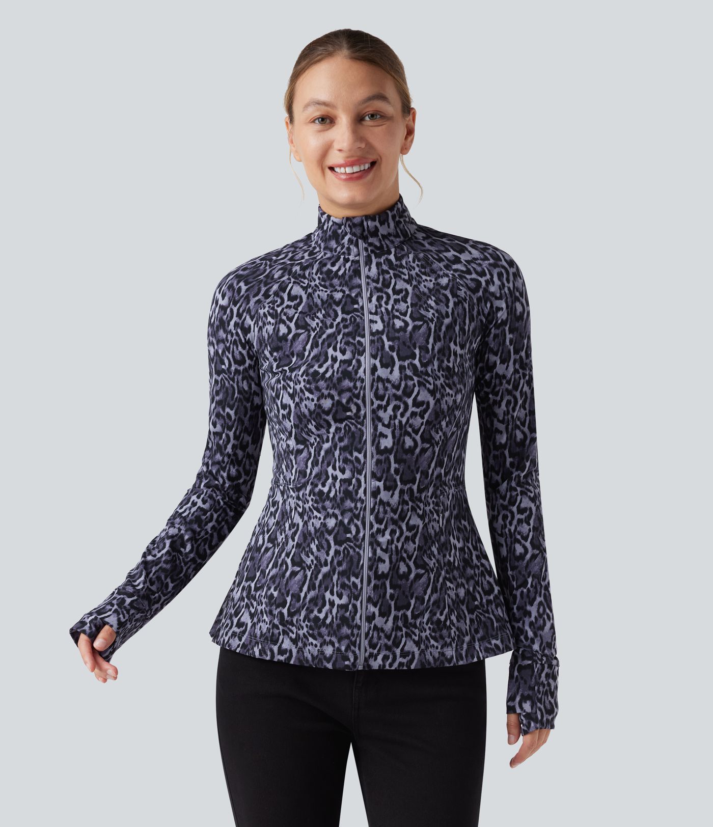 Halara UltraSculpt™ Leopard Print Stand Collar Long Sleeve Thumb Hole Casual Jacket with Pockets