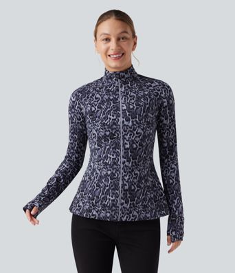Halara UltraSculpt™ Leopard Print Stand Collar Long Sleeve Thumb Hole Casual Jacket with Pockets
