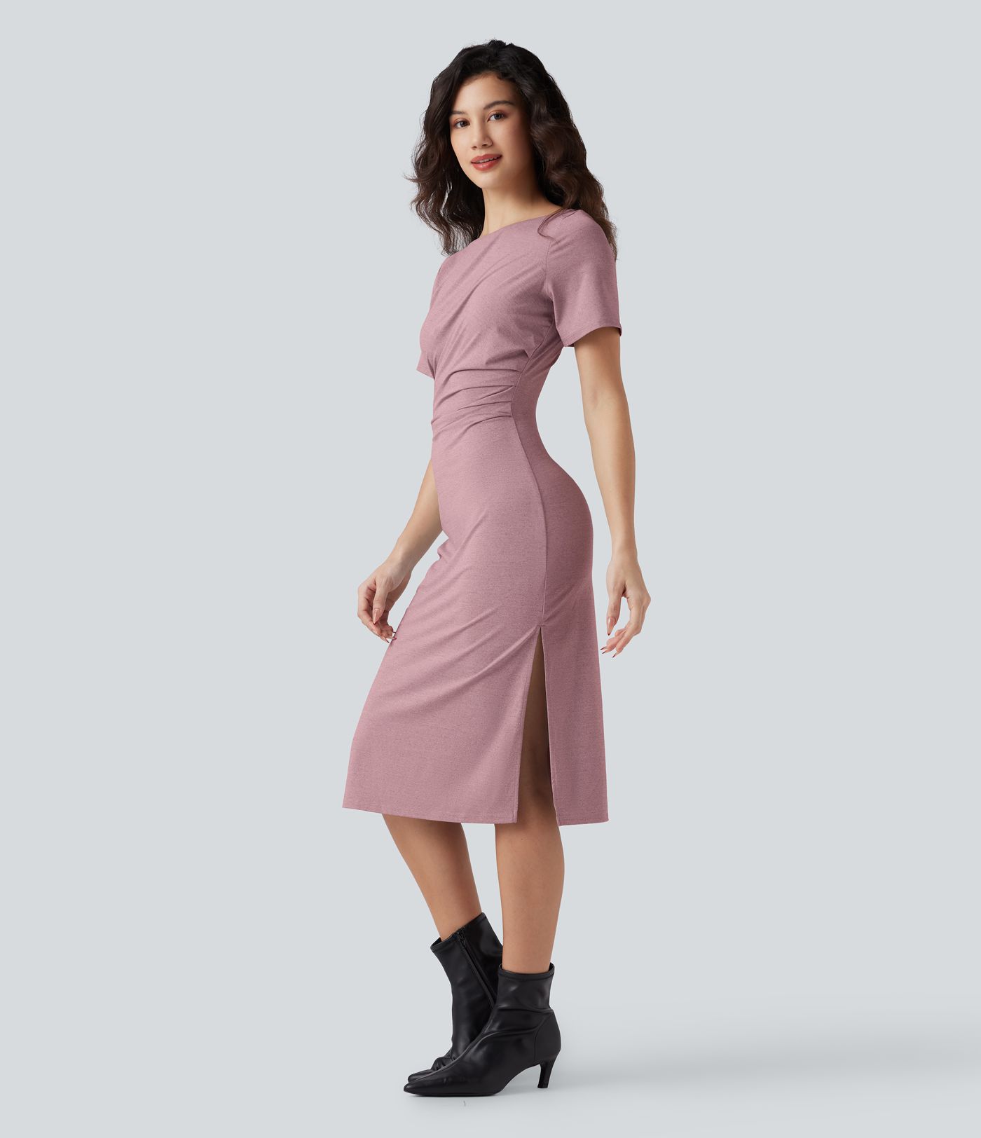 Short Sleeve Ruched Bodycon Women Long Midi Work Dress