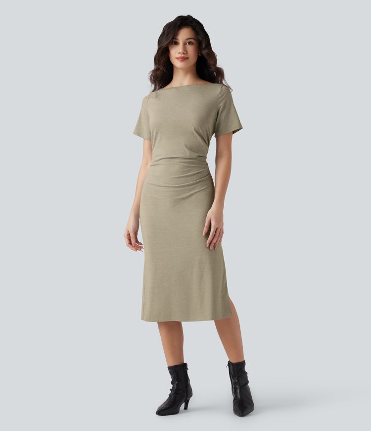 Robe tailleur mi-longue moulante manches courtes froncée