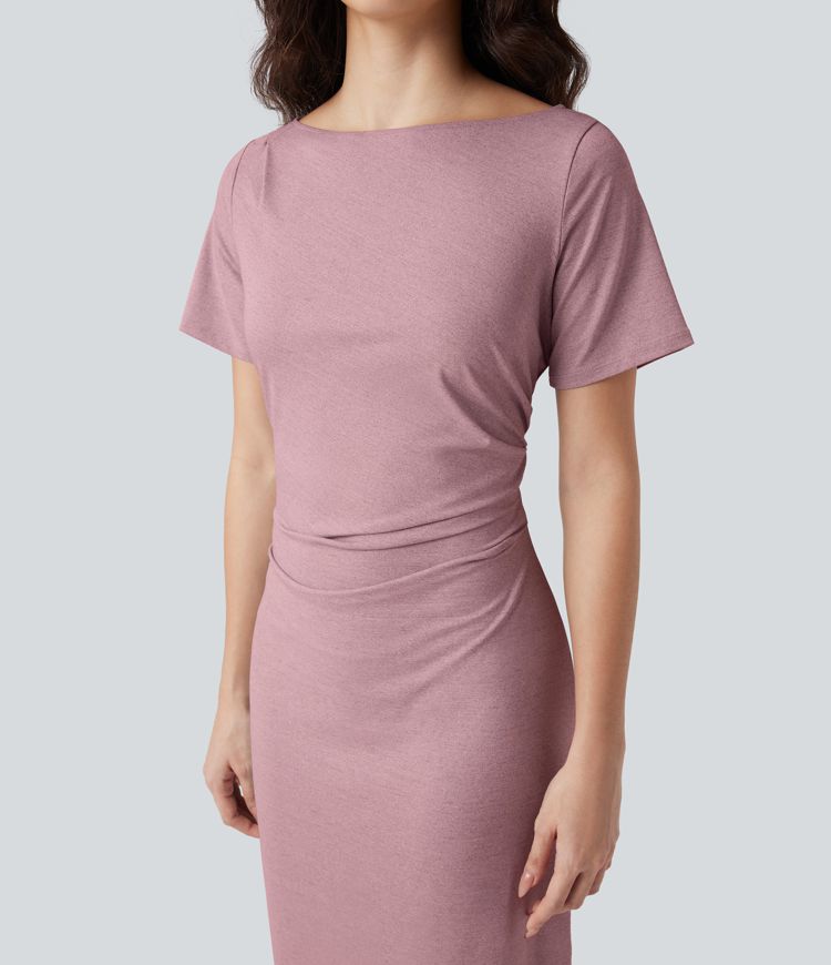 Short Sleeve Ruched Bodycon Midi Work Dress