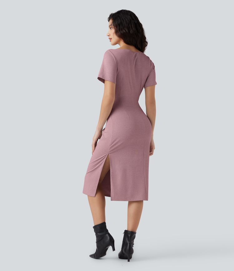 Short Sleeve Ruched Bodycon Midi Work Dress