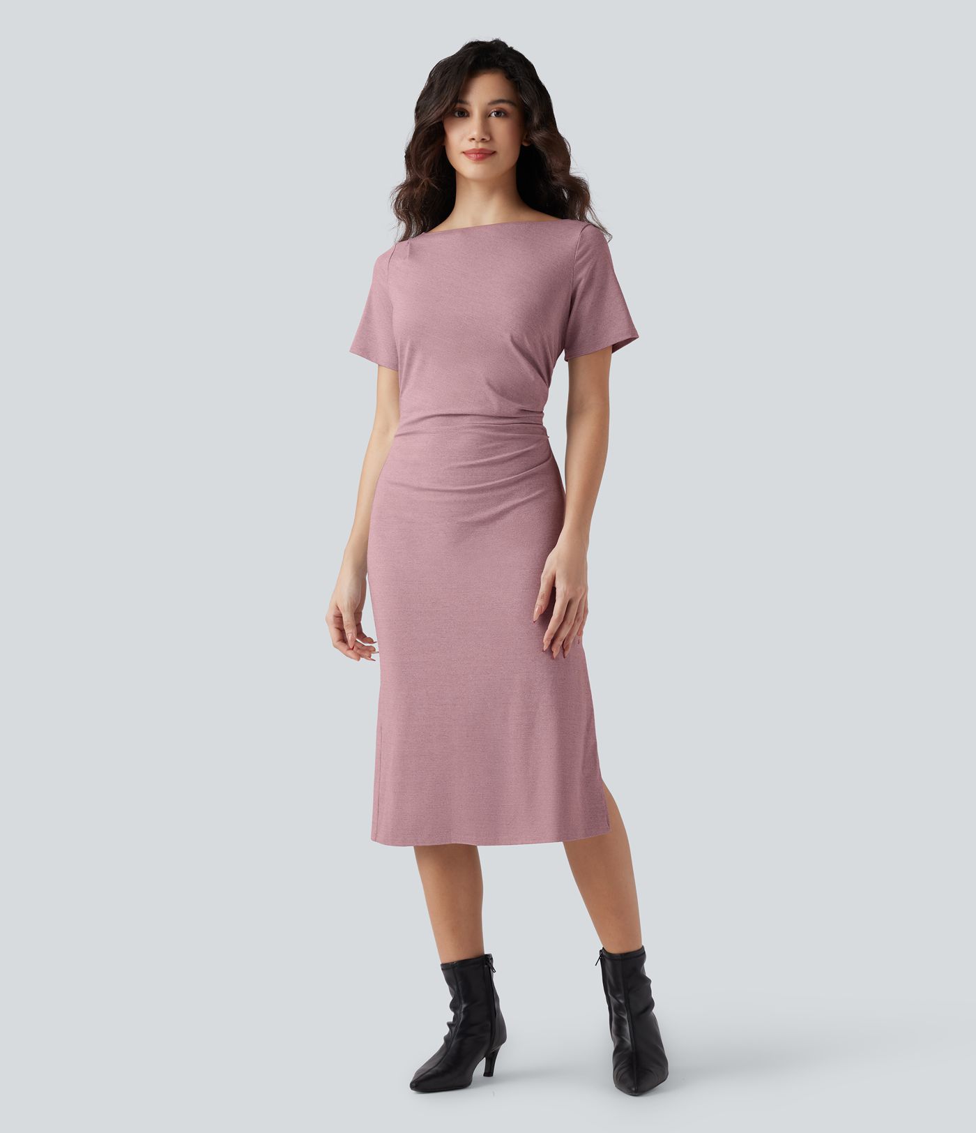 Short Sleeve Ruched Bodycon Women Long Midi Work Dress