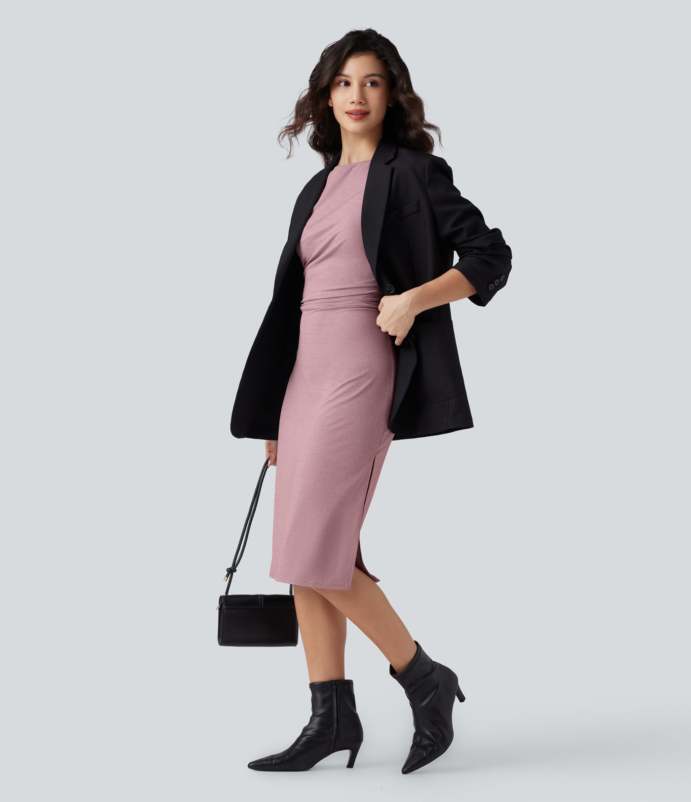 Short Sleeve Ruched Bodycon Women Long Midi Work Dress