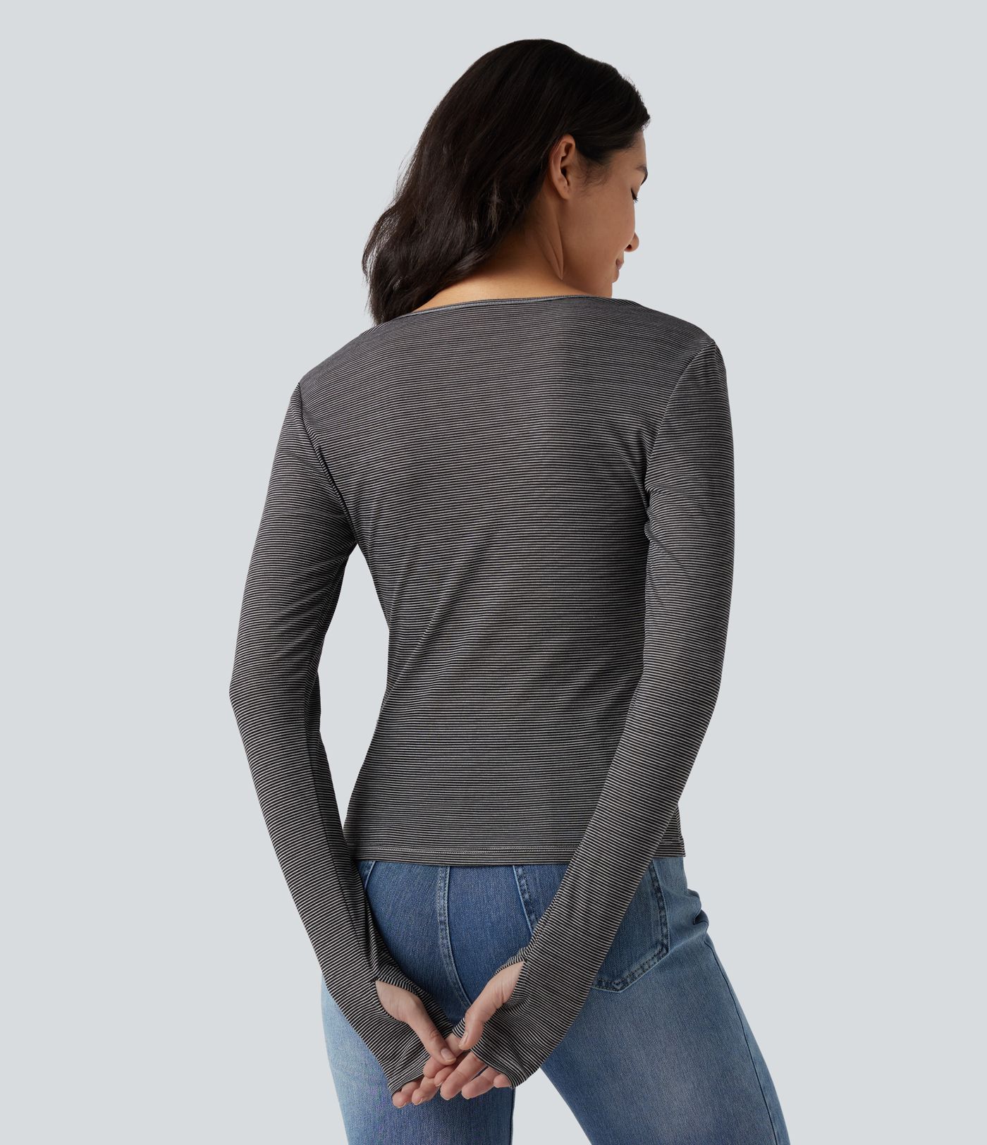 Henley Long Sleeve Thumb Holes Striped Casual T-Shirt