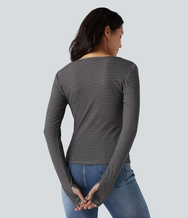 Henley Long Sleeve Thumb Holes Striped Casual T-Shirt