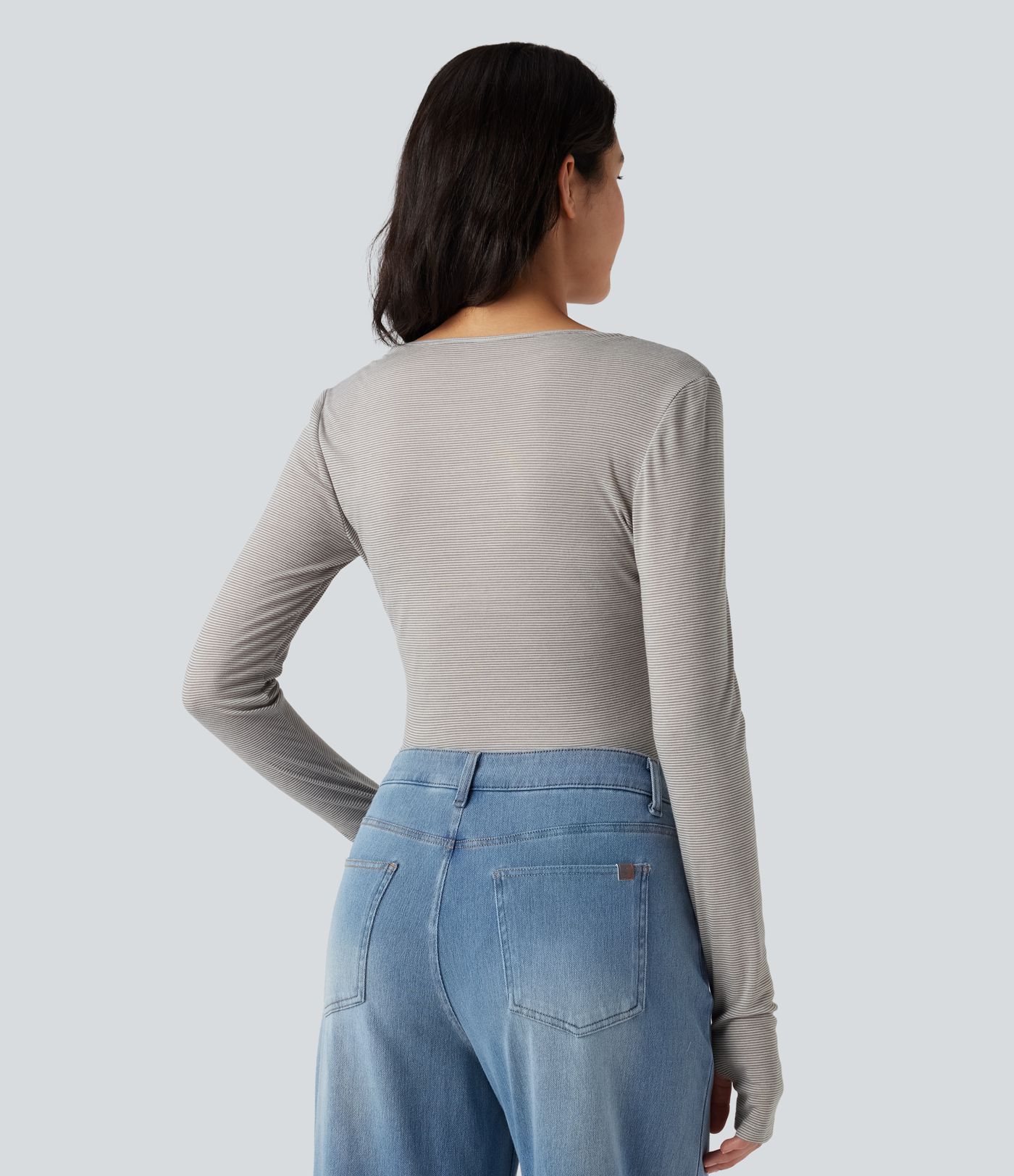 Henley Long Sleeve Thumb Holes Striped Casual T-Shirt