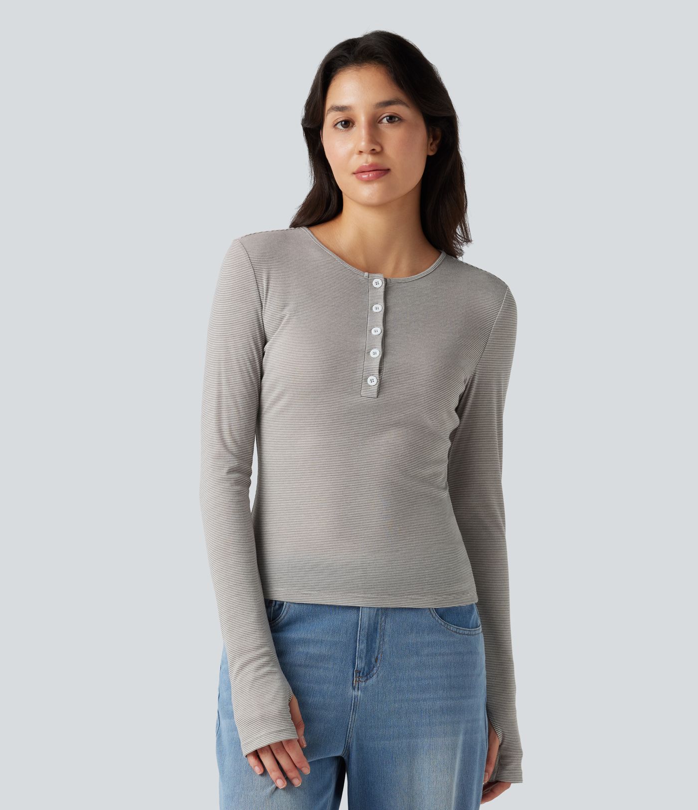 Henley Long Sleeve Thumb Holes Striped Casual T-Shirt