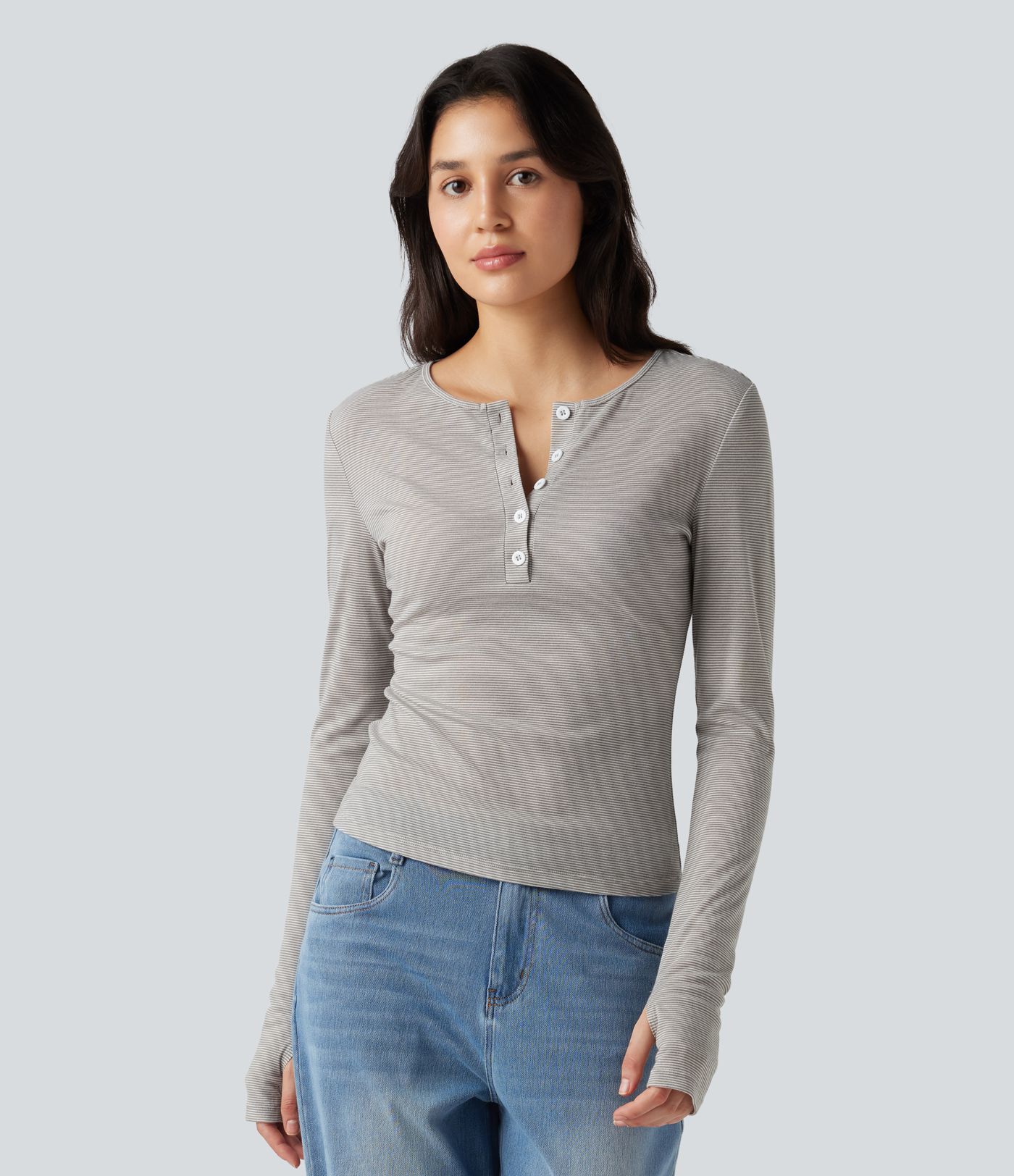 Henley Long Sleeve Thumb Holes Striped Casual T-Shirt