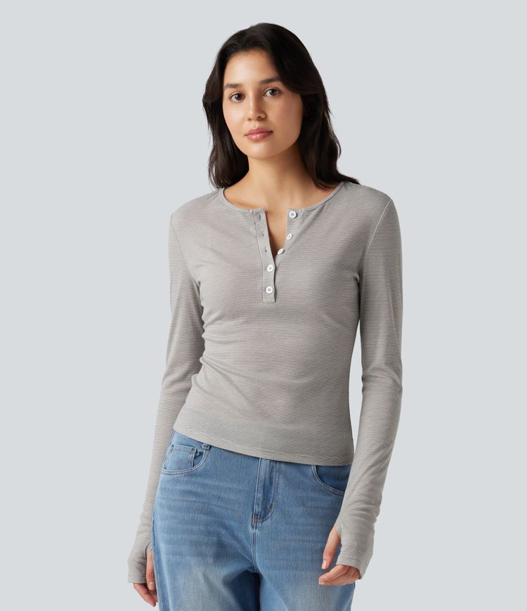 Henley Long Sleeve Thumb Holes Striped Casual T-Shirt