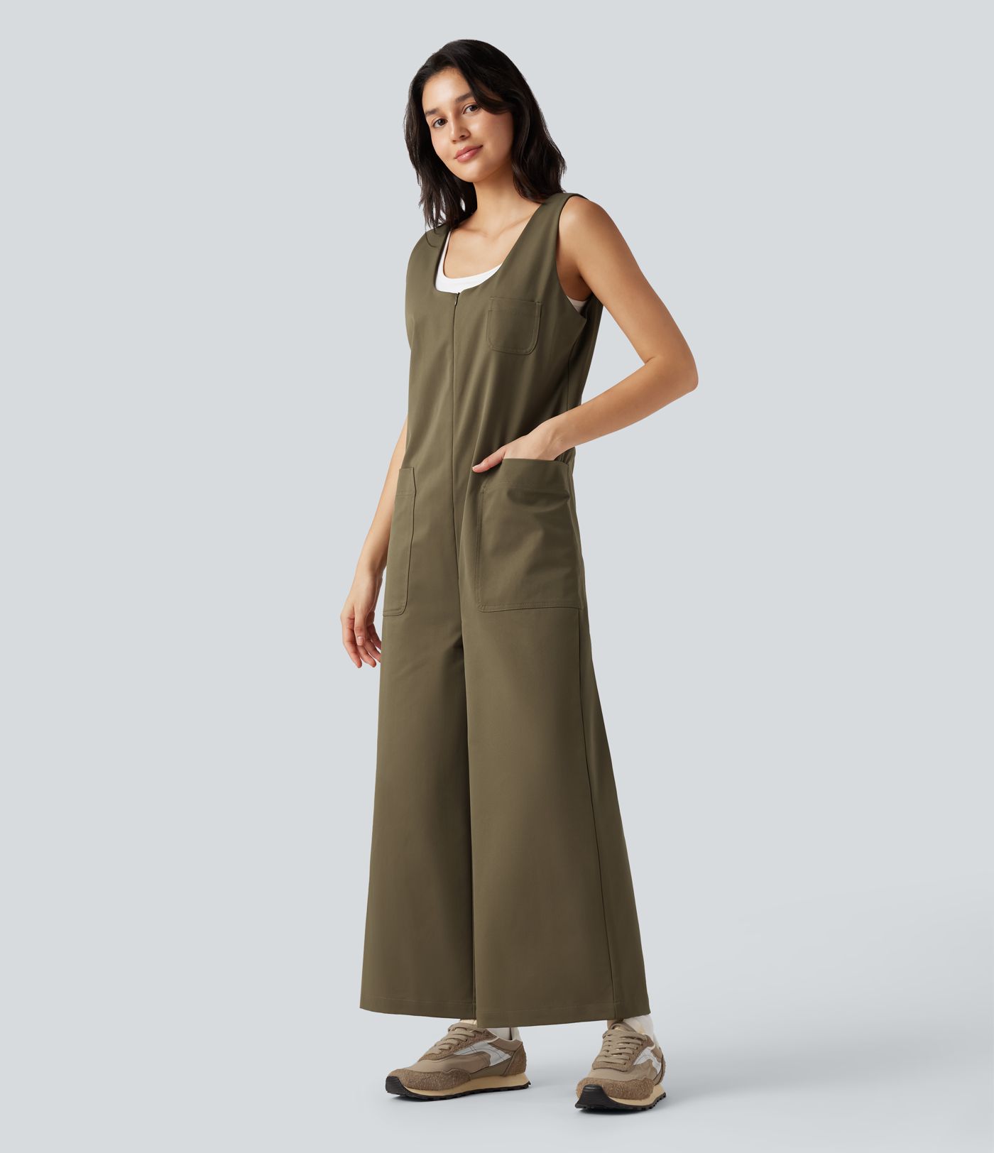 U-Neck Zip Sleeveless Casual Wide Leg Jumpsuit with Pockets