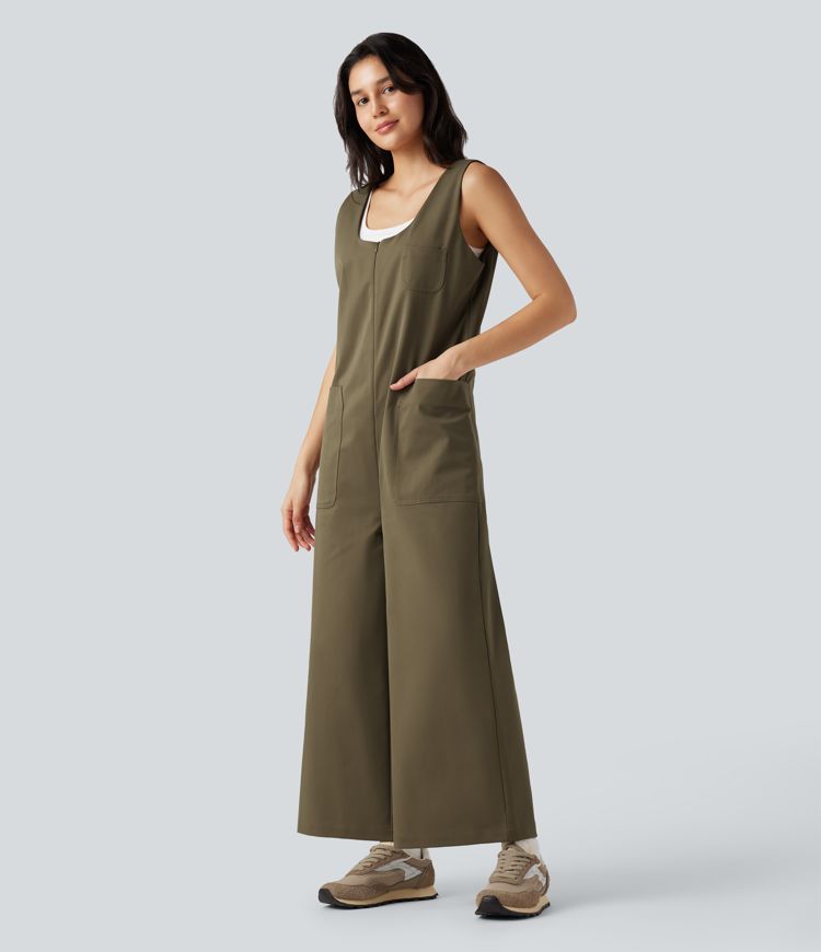U-Neck Zip Sleeveless Casual Wide Leg Jumpsuit with Pockets