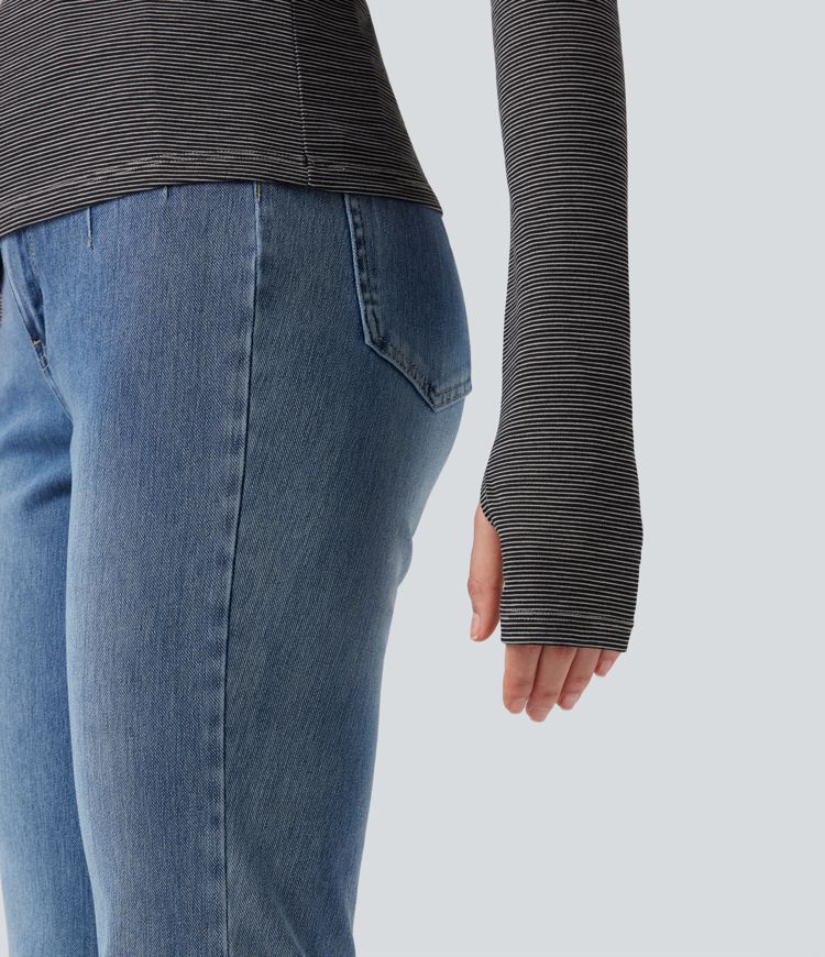 Henley Long Sleeve Thumb Holes Striped Casual T-Shirt