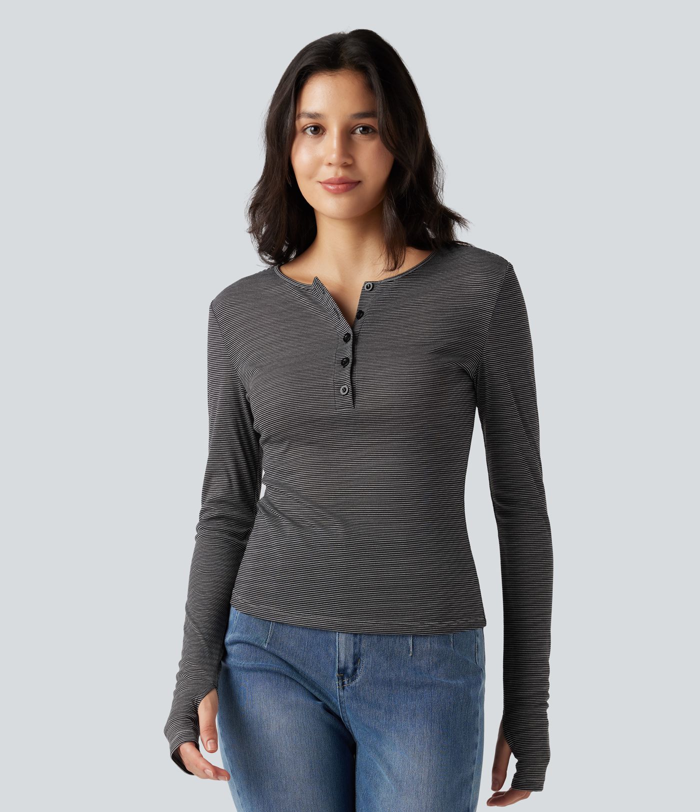 Henley Long Sleeve Thumb Holes Striped Casual T-Shirt