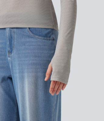 Henley Long Sleeve Thumb Holes Striped Casual T-Shirt