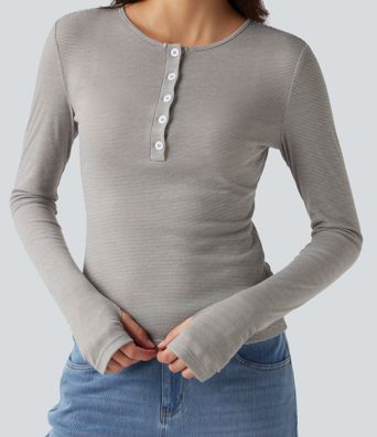 Henley Long Sleeve Thumb Holes Striped Casual T-Shirt