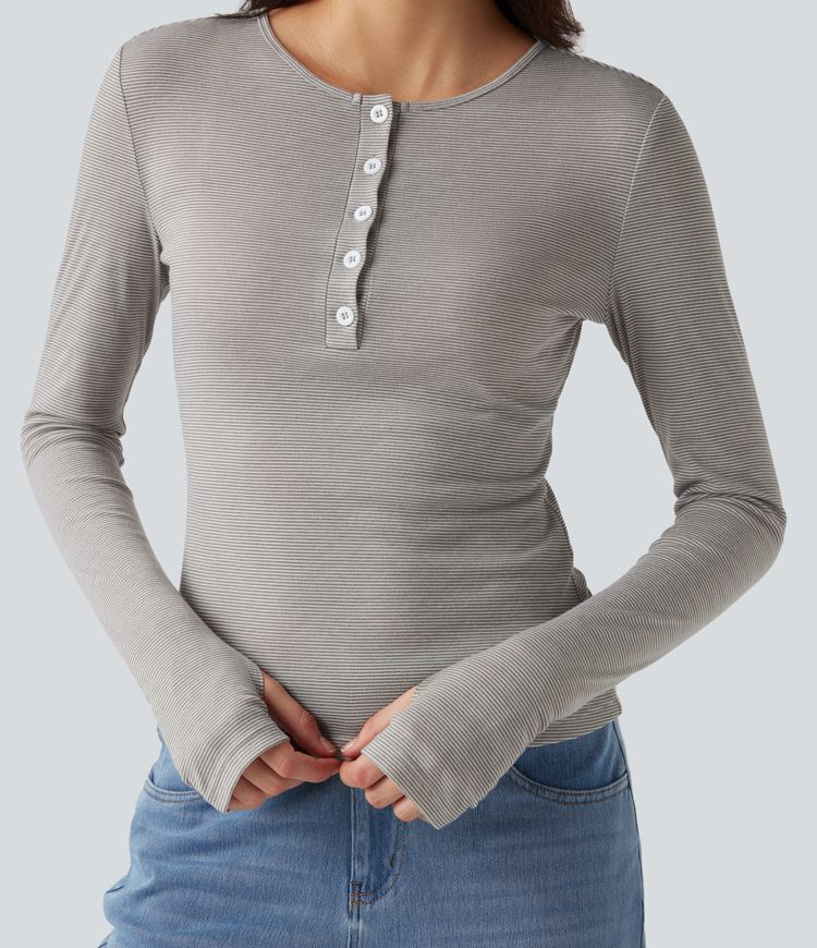 Henley Long Sleeve Thumb Holes Striped Casual T-Shirt