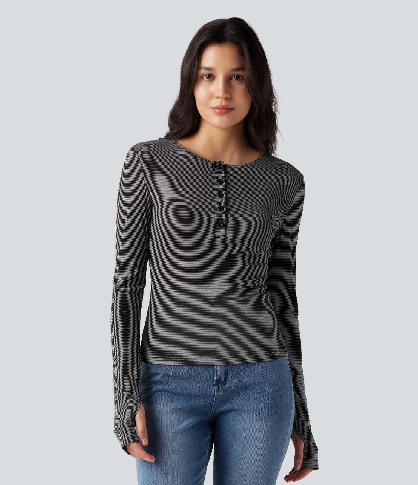 Henley Long Sleeve Thumb Holes Striped Casual T-Shirt