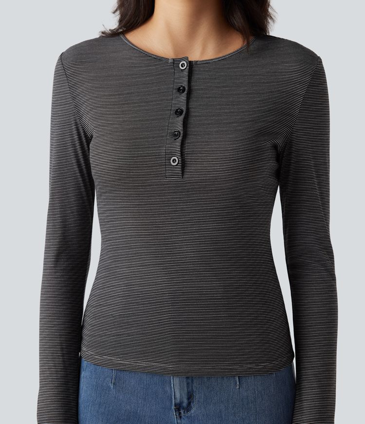 Henley Long Sleeve Thumb Holes Striped Casual T-Shirt