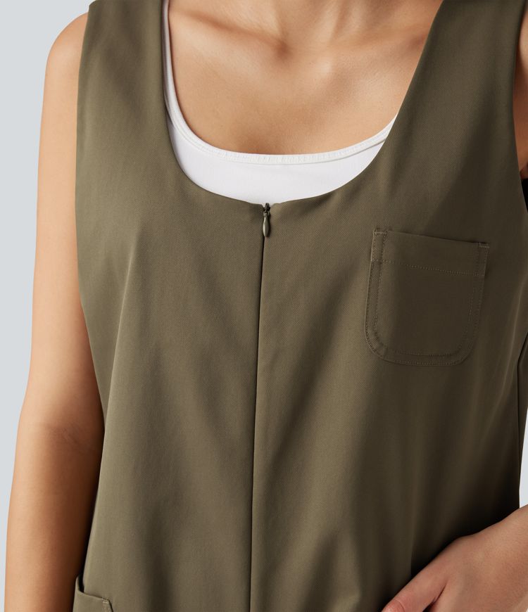 U-Neck Zip Sleeveless Casual Wide Leg Jumpsuit with Pockets