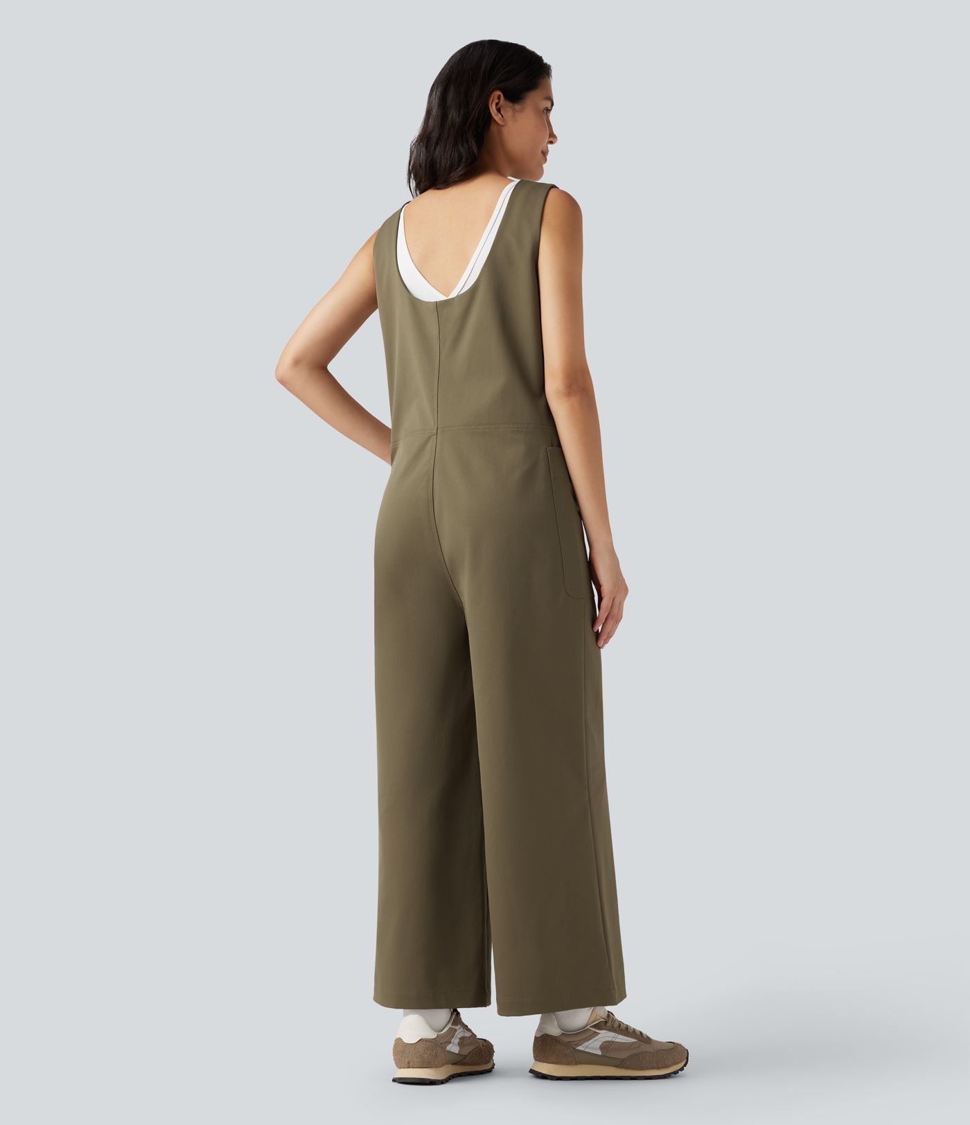 U-Neck Zip Sleeveless Casual Wide Leg Jumpsuit with Pockets