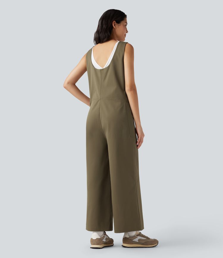 U-Neck Zip Sleeveless Casual Wide Leg Jumpsuit with Pockets