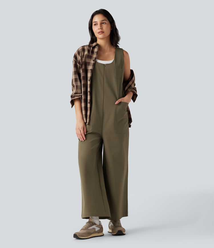 U-Neck Zip Sleeveless Casual Wide Leg Jumpsuit with Pockets